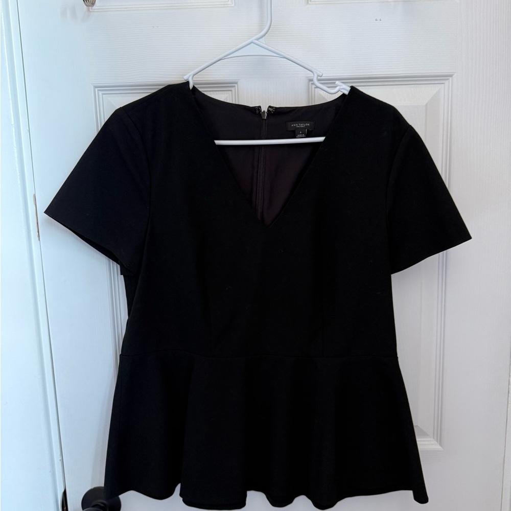 Ann Taylor Black Short Sleeve Peplum Blouse